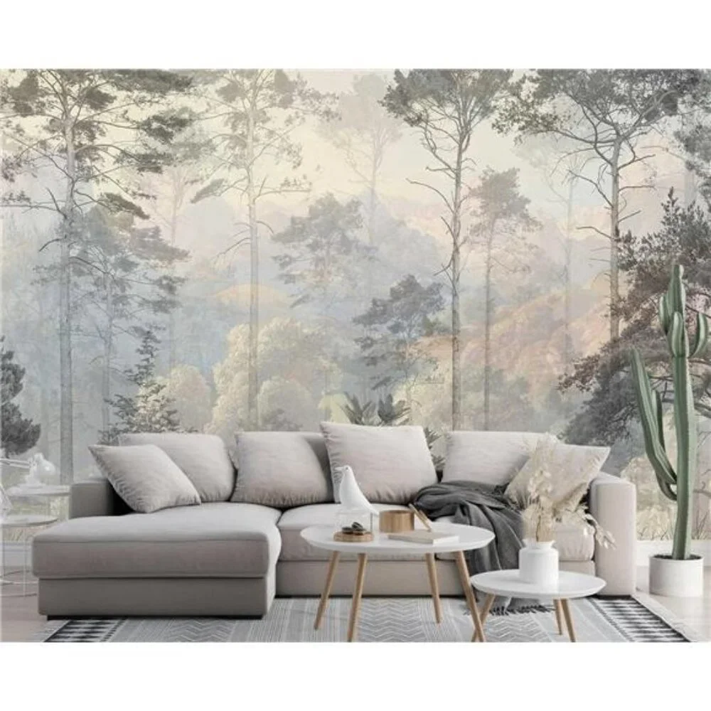 Hazy Forest Wall Mural, Abstract Nature Landscape Wallpaper, Background Wall